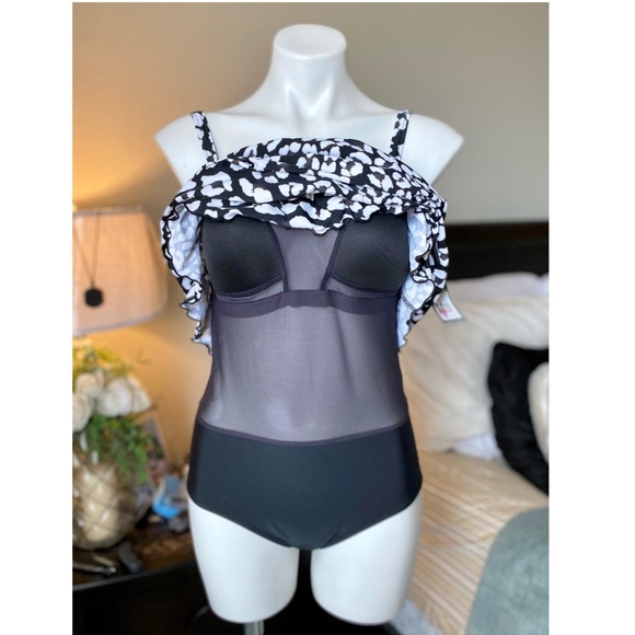 Silhouette Solutions Women’s 1 Piece Swimsuit Black & White Animal Print - Picture 6 of 7